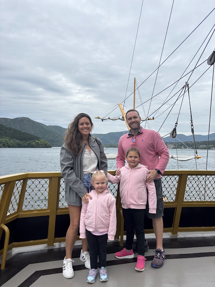 Family on pirate ship on Lake Ashi