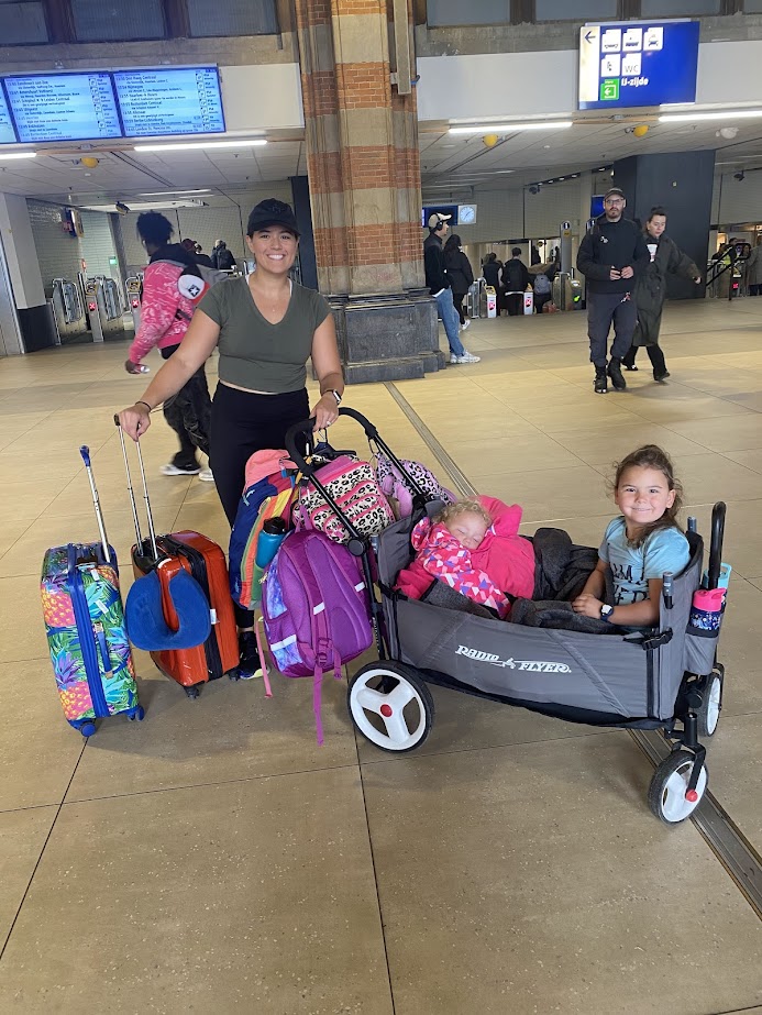 Radio flyer wagon with kids and luggage
